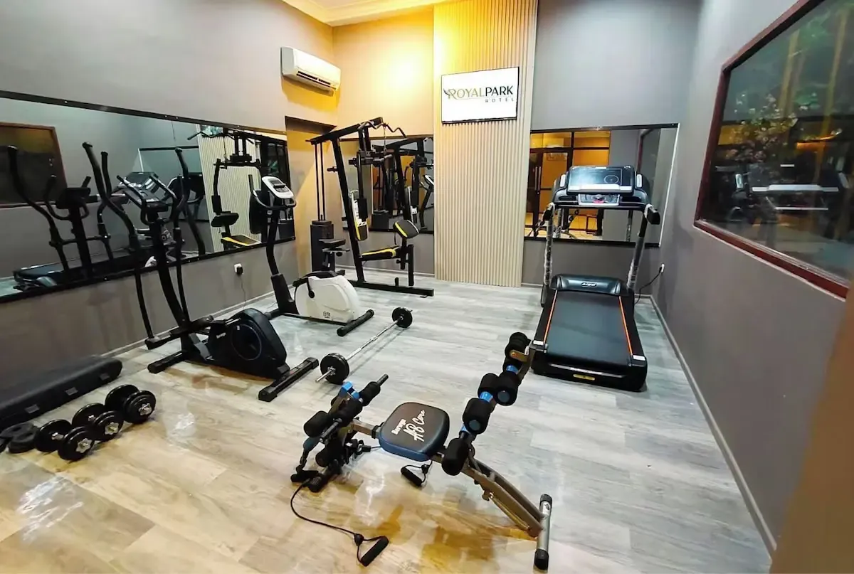 Hotel gym fitted with professional cardio and weight lifting equipment